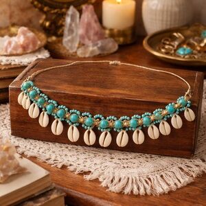 Boho Hemp Choker with Puka Shells & Turquoise Beads